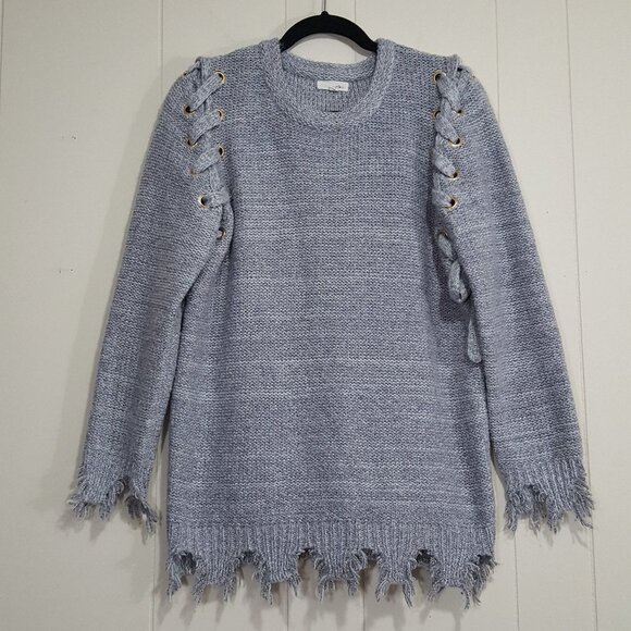 Jella C Frayed Lace up sweater heather gray sz S - Picture 2 of 8